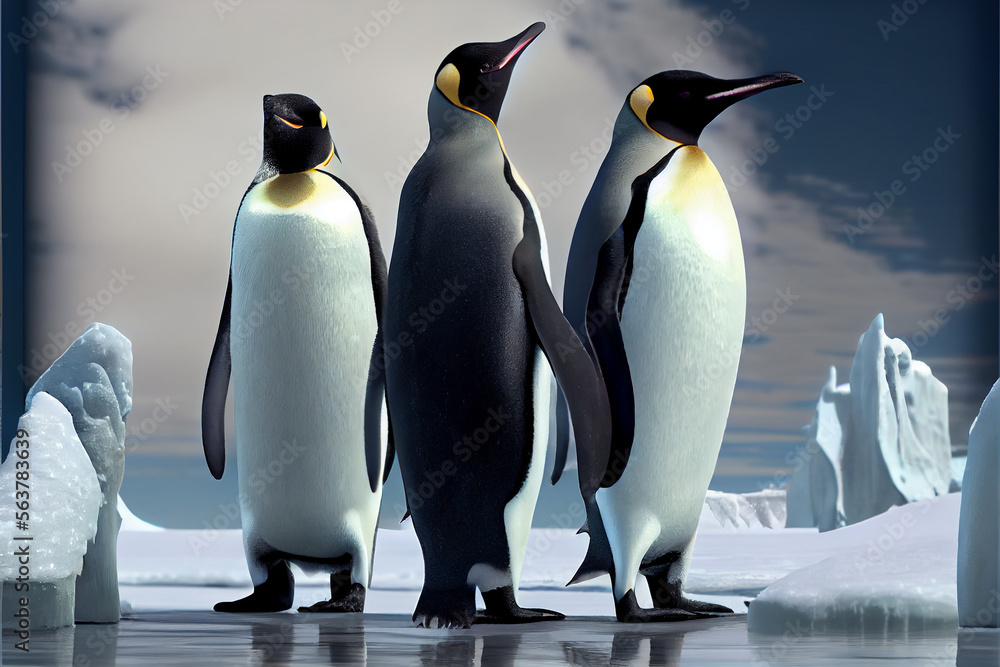 Obraz premium Emperor penguins on an Antarctic ice flow; generative AI. 