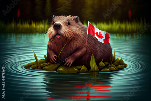 Cartoon beaver in a pond with the Canadian Flag; generative A1.