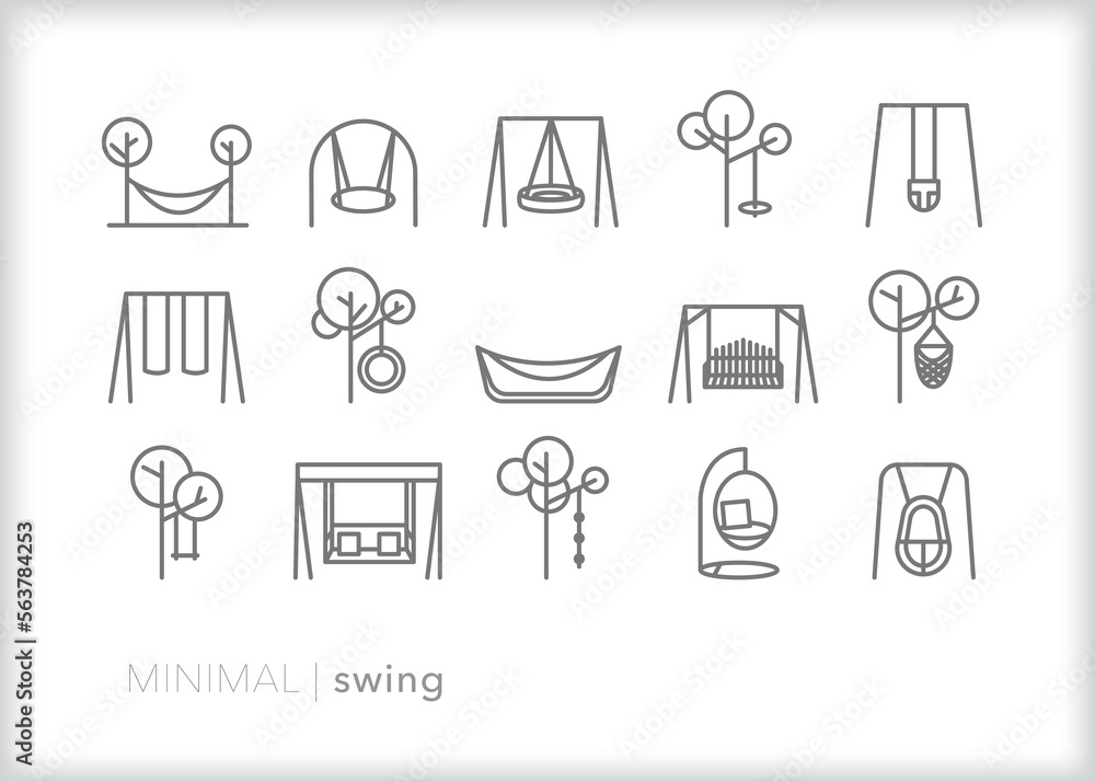 Set of swing line icons for relaxing at home, in a park, in the yard or on the porch Set of swing line icons for relaxing at home, in a park, in the yard or on the porch