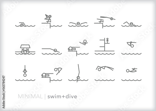 Set of swimming and diving line icons for sport, practice and competition