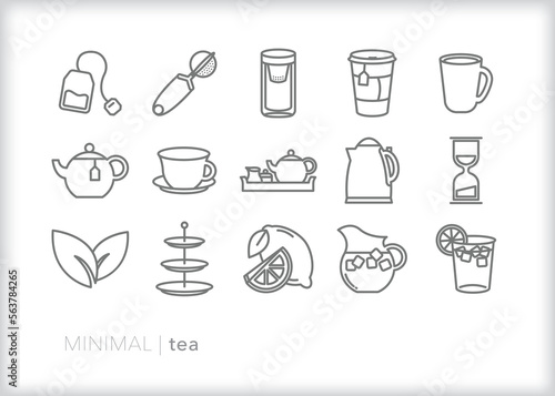 Set of tea line icons for enjoying a hot beverage or iced tea with snacks