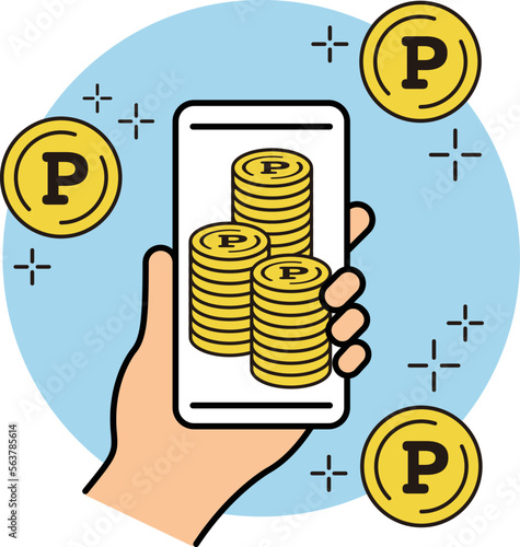 スマホでポイント活動／ポイント運用／お金／節約／貯金（アイコン・ベクター）