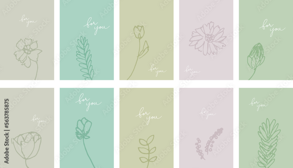 くすみカラーの手書き植物イラスト、線画の植物イラストカード、手書き植物の背景セット。
Dull-colored hand-drawn botanical illustrations, line-drawn botanical illustration cards, and hand-drawn botanical background sets.