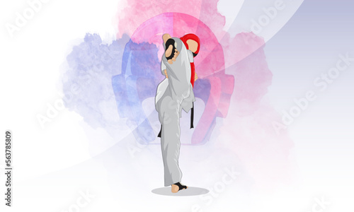 A young athlete makes a kick in martial arts taekwondo. Abstract blue-red background.
