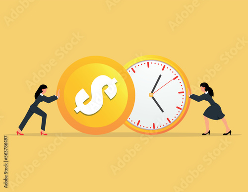 Describe time is money, move and faster. Two business woman push a o clock and coin.