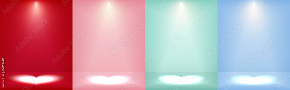 Set of soft background Pastel Red, Pink, Green, and Blue with Heart-shaped lights shining on the ground. Empty for product display. Elements for Valentine's day. Minimal style. Vector illustration.
