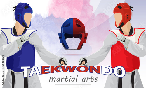Two sparring fighters in martial arts, taekwondo style. Wallpaper, background, poster.