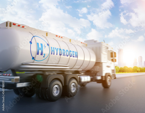 Obraz na plátně Logistic hydrogen tank on semi trailer truck out for deliver
