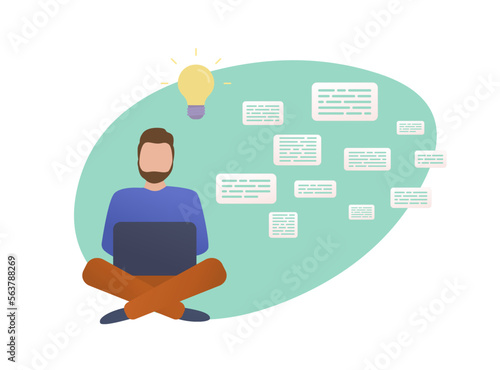 Man working on laptop, light bulb lit above his head representing moment of inspiration or breakthrough. Row of text notes symbolizing ideas and decisions. Brainstorming and problem-solving.