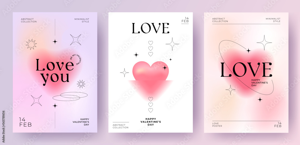 Modern design templates of Valentines day and Love card, banner, poster, cover set. Trendy minimalist aesthetic with gradients and typography, y2k backgrounds. Pale pink yellow, purple vibrant colors. - obrazy, fototapety, plakaty 