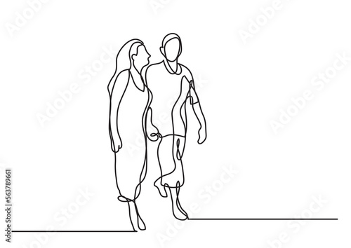continuous line drawing vector illustration with FULLY EDITABLE STROKE - happy elder couple walking