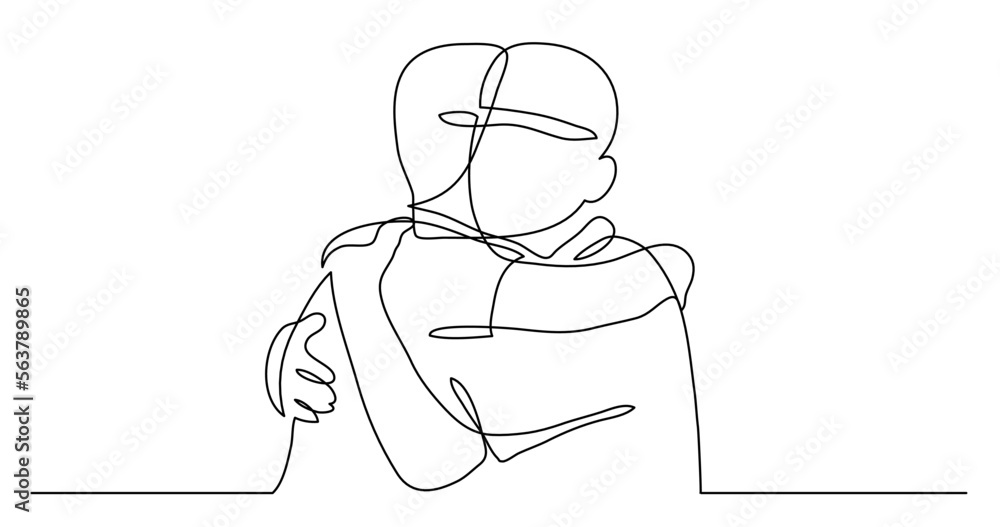 continuous line drawing vector illustration with FULLY EDITABLE STROKE - of two close friends meeting hugging each other