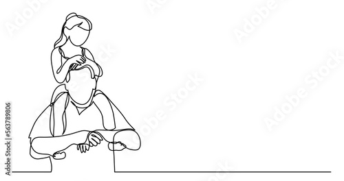 continuous line drawing vector illustration with FULLY EDITABLE STROKE - of happy father carying his girl on his shoulders