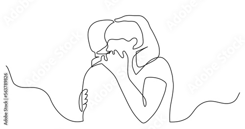 continuous line drawing vector illustration with FULLY EDITABLE STROKE - of loving young couple hugging each other