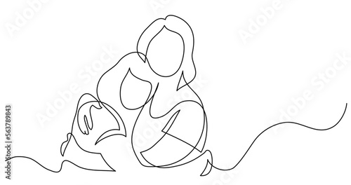 continuous line drawing vector illustration with FULLY EDITABLE STROKE - of mother and daughter hugging each other