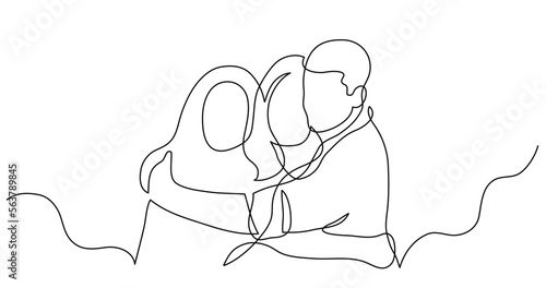 continuous line drawing vector illustration with FULLY EDITABLE STROKE - of three friends hugging each other