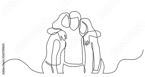 continuous line drawing vector illustration with FULLY EDITABLE STROKE - of three teenage friends hugging each other