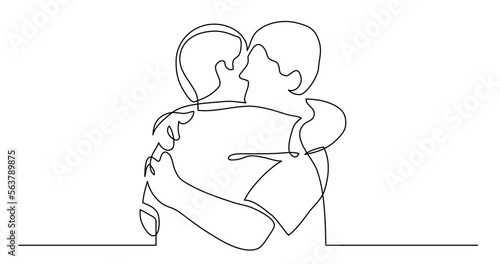 continuous line drawing vector illustration with FULLY EDITABLE STROKE - of two friends meeting hugging each other