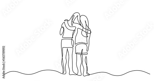 continuous line drawing vector illustration with FULLY EDITABLE STROKE - of two teenage girls hugging each other