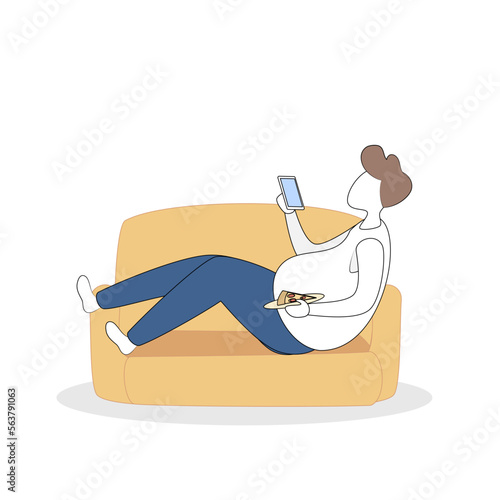 Obesity and unhealthy eating behaviors,Overweight fat man lying on his mobile phone and holding a pizza plate on sofa,vector illustration.