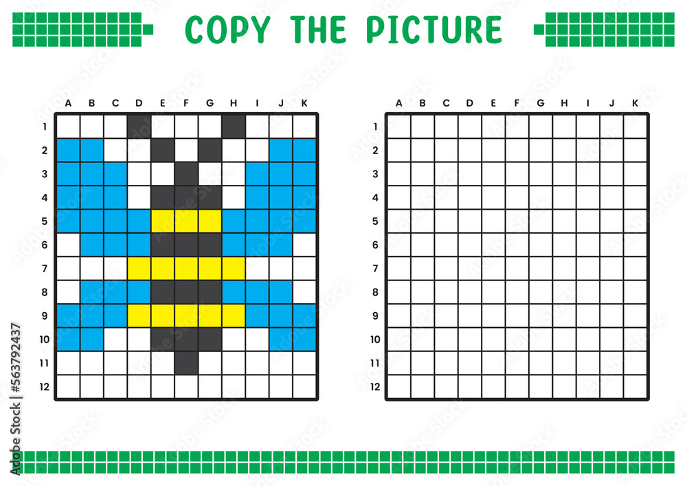Fototapeta premium Copy the picture, complete the grid image. Educational worksheets drawing with squares, coloring cell areas. Children's preschool activities. Cartoon vector, pixel art. Honey bee illustration.