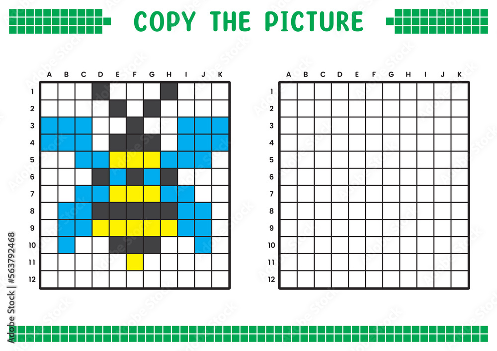 Fototapeta premium Copy the picture, complete the grid image. Educational worksheets drawing with squares, coloring cell areas. Children's preschool activities. Cartoon vector, pixel art. Honey bee illustration.