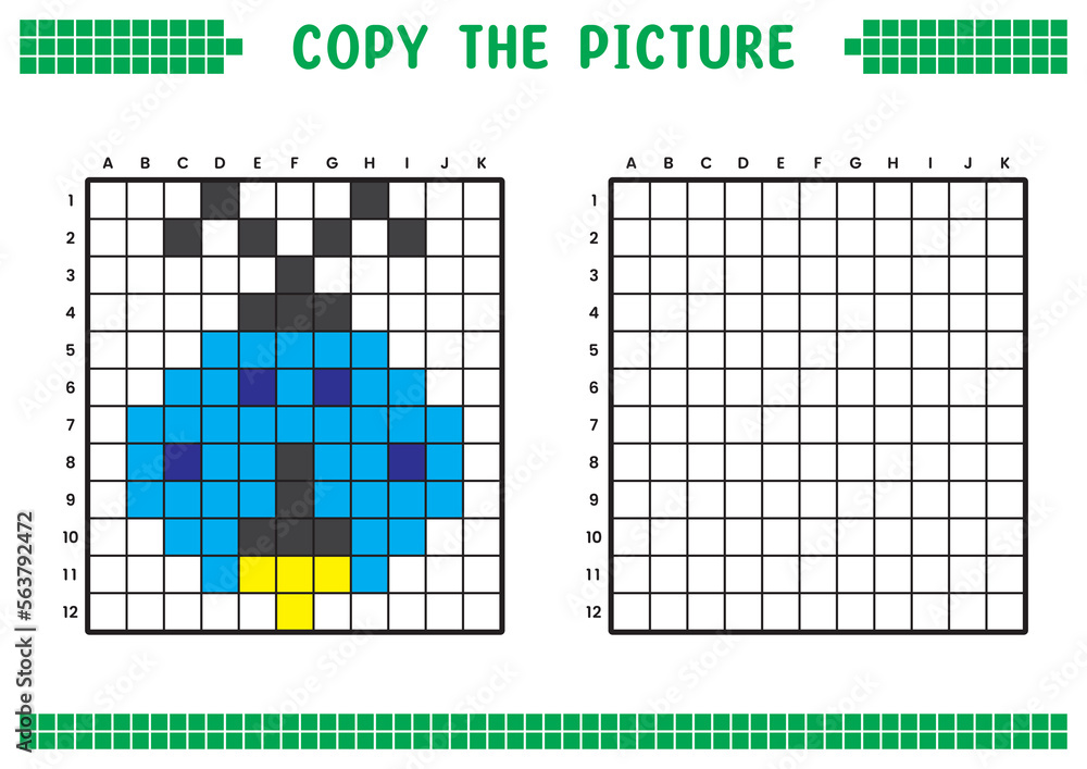 Fototapeta premium Copy the picture, complete the grid image. Educational worksheets drawing with squares, coloring cell areas. Children's preschool activities. Cartoon vector, pixel art. Insect firefly illustration.