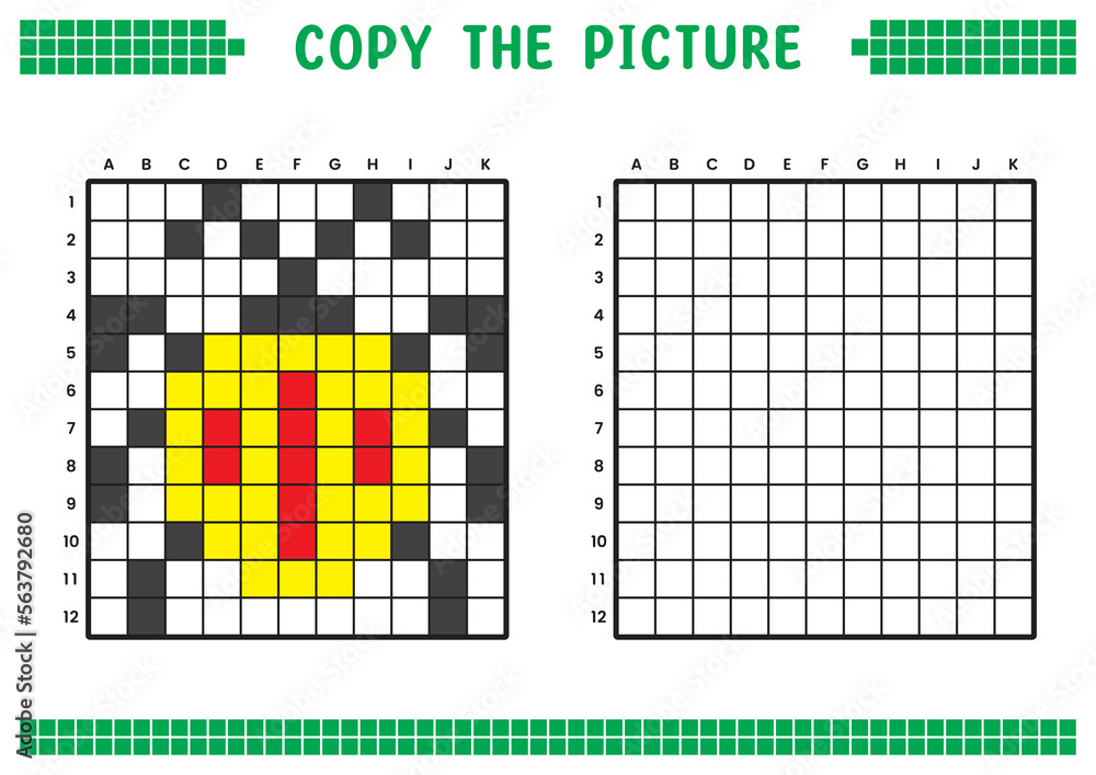 Fototapeta premium Copy the picture, complete the grid image. Educational worksheets drawing with squares, coloring cell areas. Children's preschool activities. Cartoon vector, pixel art. Yellow ladybug illustration.