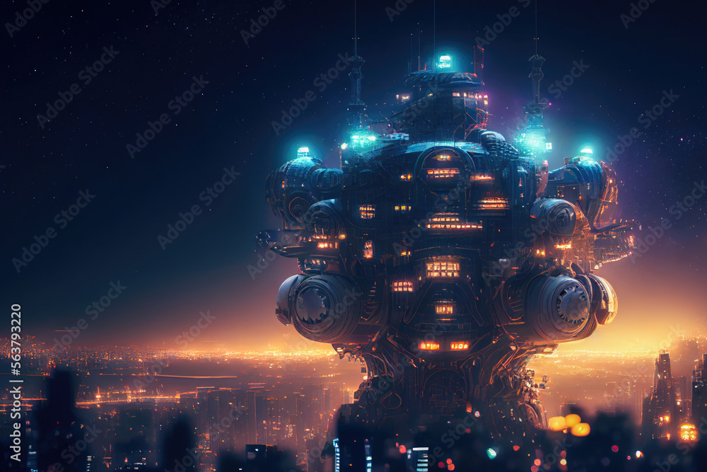 Night View of the Future City of Imagination. Generative Ai - obrazy, fototapety, plakaty 