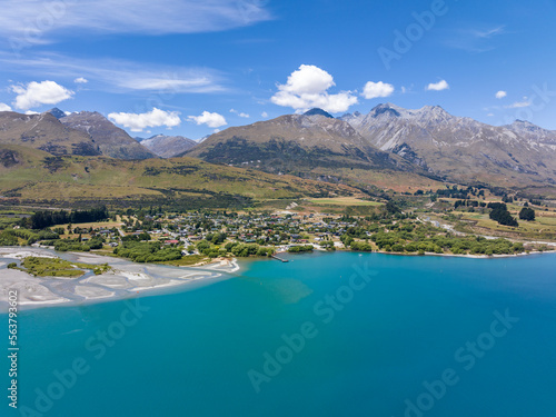 Beautiful high angle aerial view of the town of Glenorchy and Lake Wakatipu with Rees River in the foreground. Popular tourist destination located near Queenstown, South Island, New Zealand.