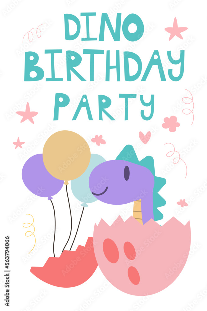 Vector illustration of happy birthday card. Cute kawaii dinosaur and egg whith text lettering dino birthday party. Dino character concept for design postcard, poster, children invitation EPS Vector illustration of happy birthday card. Cute kawaii dinosaur and egg whith text lettering dino birthday party. Dino character concept for design postcard, poster, children invitation EPS