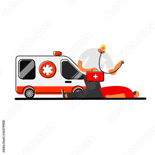 Cartoon characters of doctor in Out of hospital patients life support by emergency medical services.