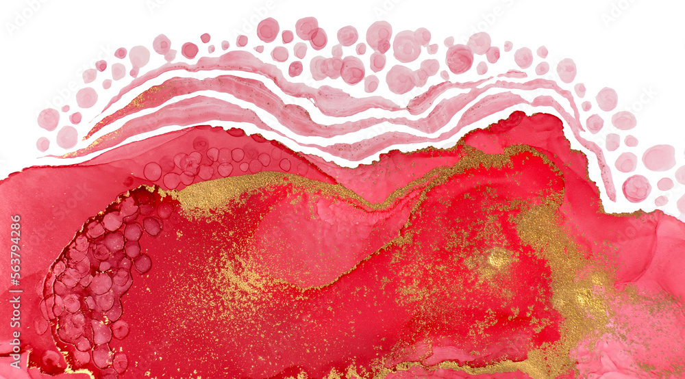 Watercolor Red Waves, Swirls and Drops with Golden Glitter