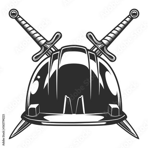 Business builder hard hat with crossed sword from new construction and remodeling house in vintage monohrome style illustration