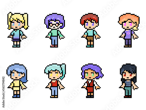 Set of pixel female characters, bit retro style anime
