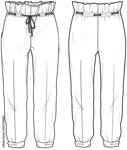 Women Paper-bag Waist Pant Front and Back View. Fashion Illustration, Vector, CAD, Technical Drawing, Flat Drawing, Template, Mockup.	