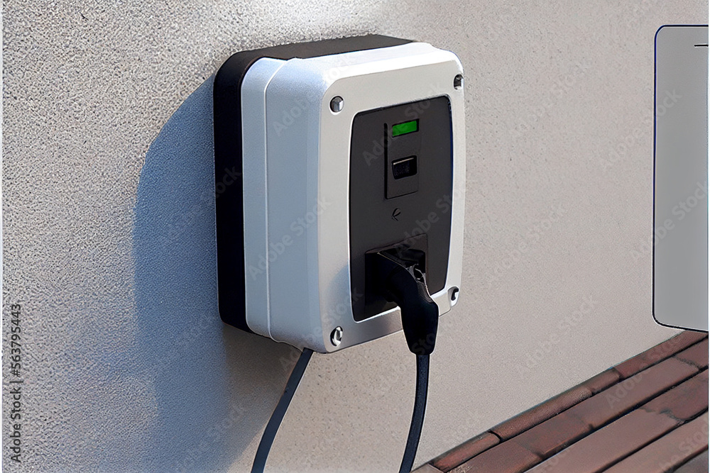 New charging station for electric car on brick wall at home, charging pillar with copy space , space for text New charging station for electric car on brick wall at home, charging pillar with copy space , space for text