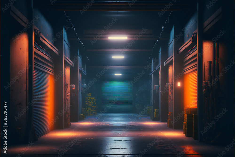Futuristic underground tunnel led neon lights warehouse Generative Artificial Intelligence  Render
