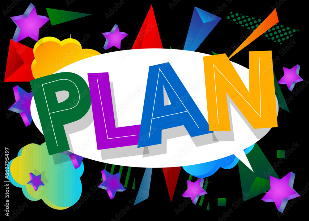 Fototapeta premium Plan. Word written with Children's font in cartoon style.