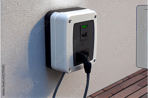 New charging station for electric car on brick wall at home, charging pillar with copy space , space for text