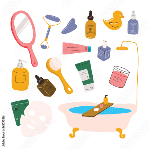 Self Care Product Woman Bath Time Illustration. Me time set of elements. Beauty products, skin care tools.