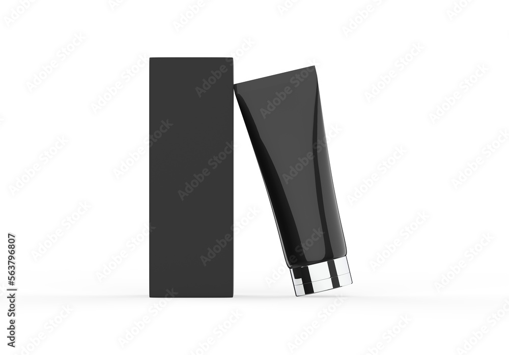 Realistic rendering of blank black cosmetics tube and box packaging isolated on white background. 3D Illustration. Realistic rendering of blank black cosmetics tube and box packaging isolated on white background. 3D Illustration.