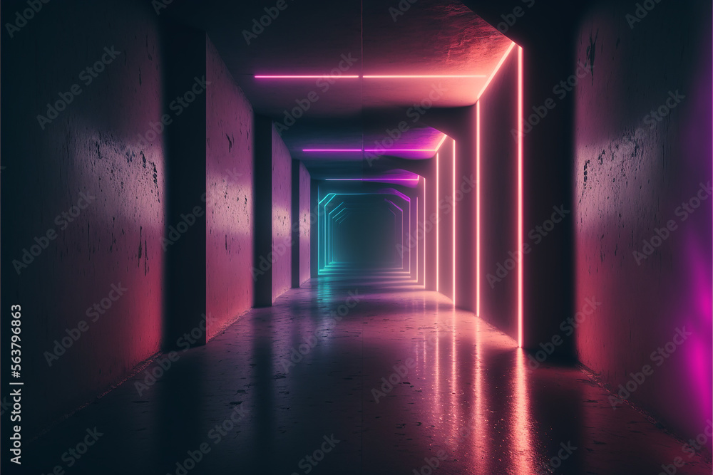 Futuristic Sc-Fi Modern Realistic Neon Glowing reflecting in wall. Generative AI