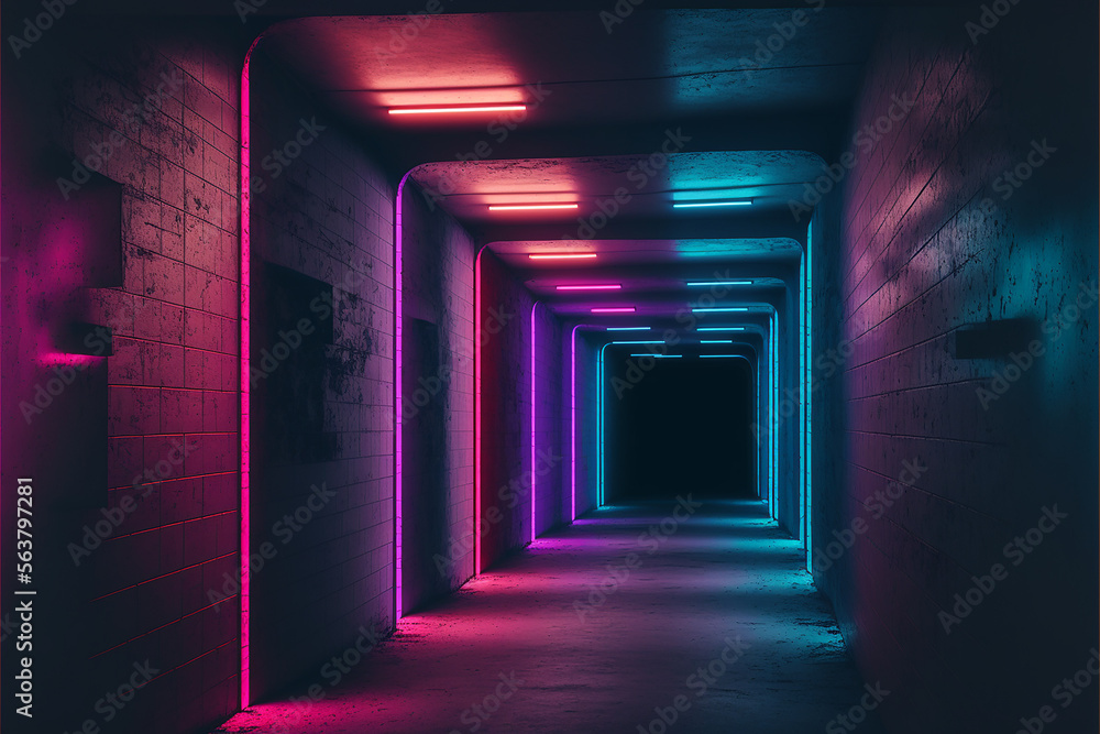 Futuristic Sc-Fi Modern Realistic Neon Glowing reflecting in wall. Generative AI Futuristic Sc-Fi Modern Realistic Neon Glowing reflecting in wall. Generative AI