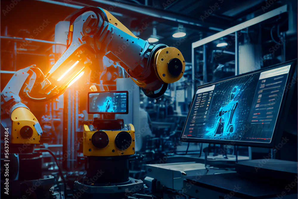 Industry 4.0 Robot concept .Engineers use tablet computer for machine