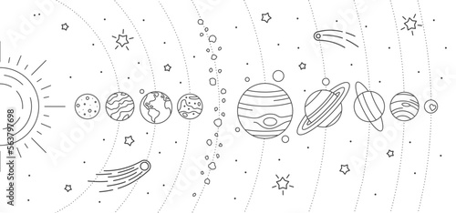 Planets, celestial bodies, falling meteors and stars set. Astronomy and cosmos objects, Universe galaxy planets and stars. Sun, Earth, Mercury, Jupiter, Saturn, Uranus thin line vector illustration