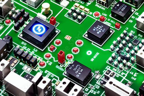 Closeup of electronic circuit board pcb with microscopic detailed parts, ai generated