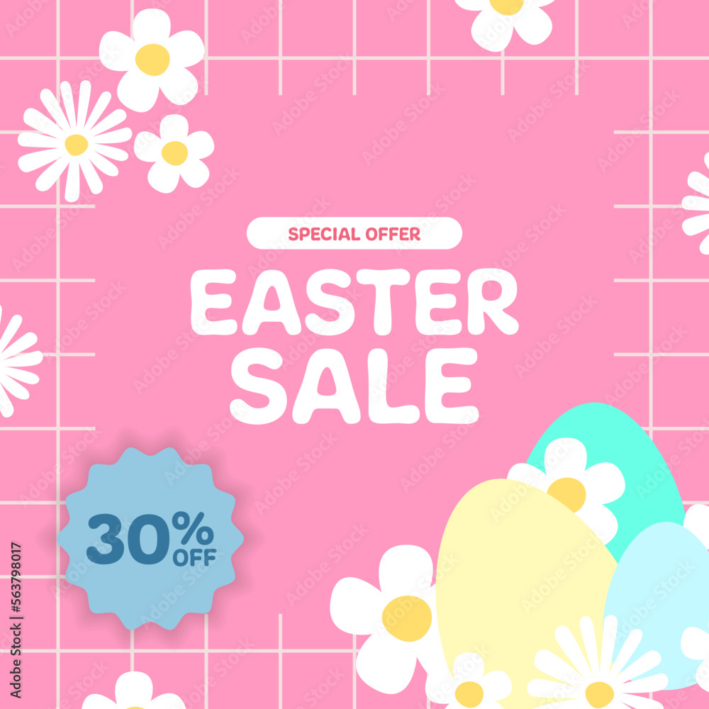easter sale offer banner promotion square social media with flower and egg simple flat design for kid children fashion element advert