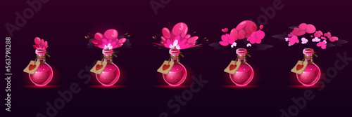 Love potion bottle with puff cloud animation set isolated on background. Vector cartoon illustration of glass flasks with magic pink elixir, explosion or evaporation gas effect, red heart on label