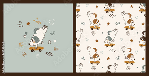 Cute Dog Riding Skateboard. Set of Seamless Pattern and Poster with Little Puppies. Vector Childish Background. Baby Funny Animal. Great for T-shirt Print Design for Kids.